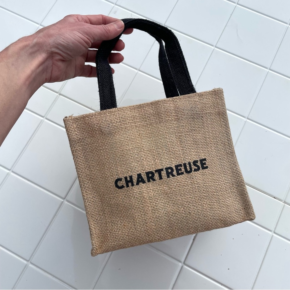 CHARTREUSE Liqueur Burlap Natural Jute Mini Tote Bag